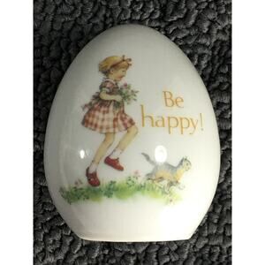 Vintage Treasures of the Heart Porcelain Egg Be Happy! Girl & Cat Made in Japan